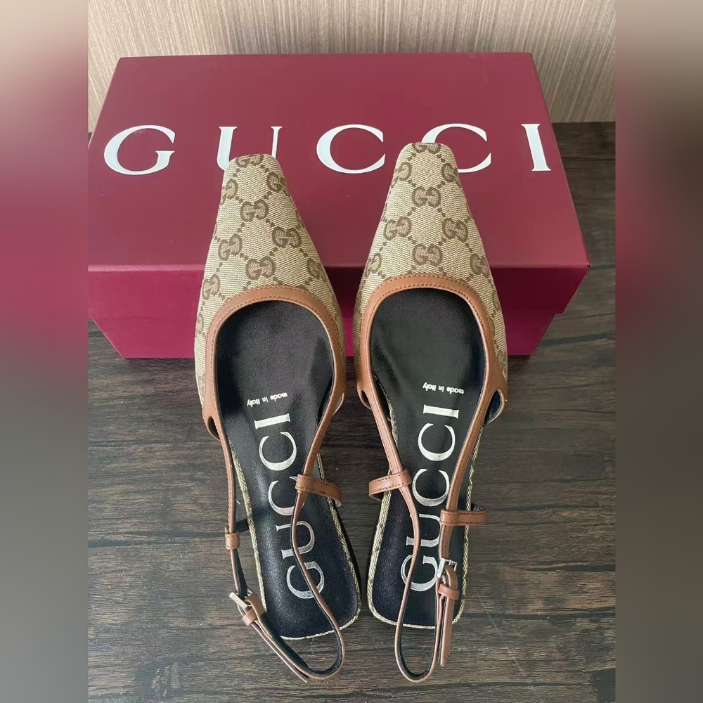 Gucci Beige Monogram Slingback Flats - Picture 3 of 7